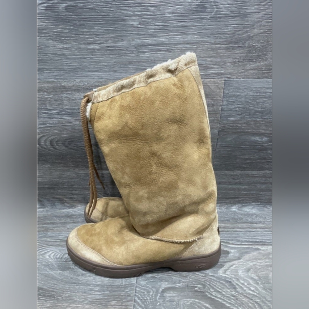 UGG vintage brown tan leather tall Drawstring boots sheepskin Platform Sherpa 9 - Picture 8 of 12